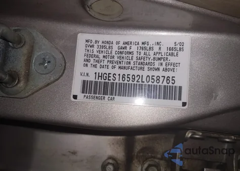 2002 Honda Civic Lx from USA, damaged, VIN 1HGES16592L058765